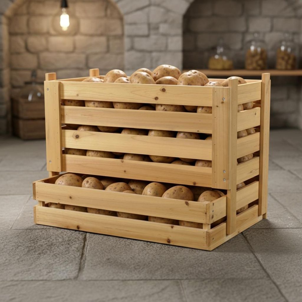 A wooden crate filled with potatoes, placed on a stone floor in what appears to be a cellar or storage area.