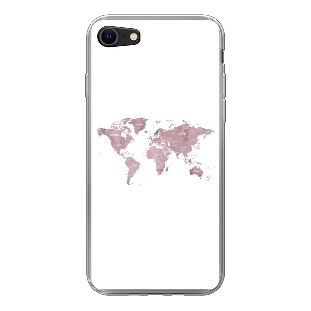 MuchoWow Handyhülle Schutzhülle Hülle für iPhone SE 2022 Weltkarte - Rosa - Weiß Silikon Softcase Handy Hülle - Schutzhülle