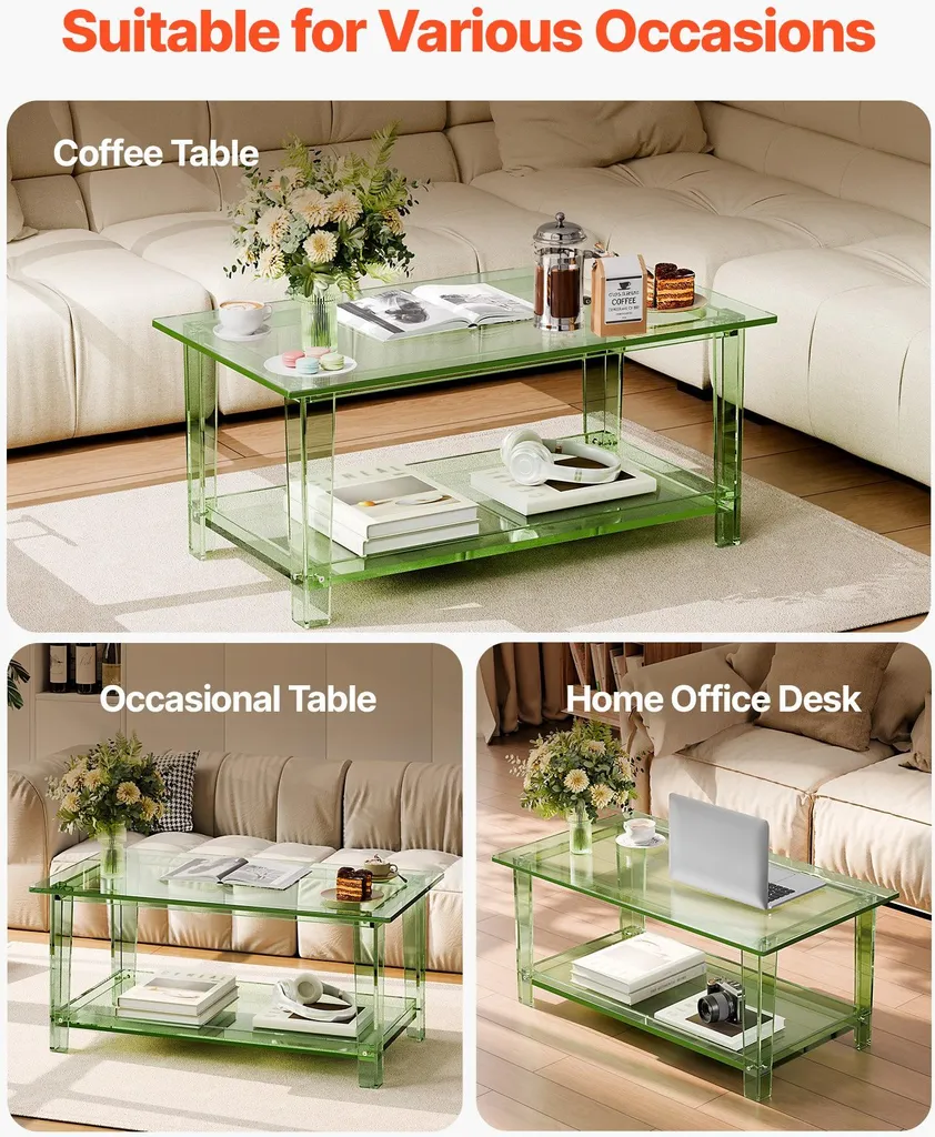 Table basse de salon moderne verte acrylique pour petit espace 80 cm