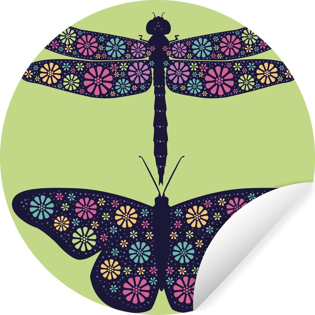 MuchoWow Runde Wandtattoo - Wandsticker Tapete Aufkleber Eine Illustration einer Libelle und eines Schmetterlings Ø 100 cm Selbstklebend und Rep...