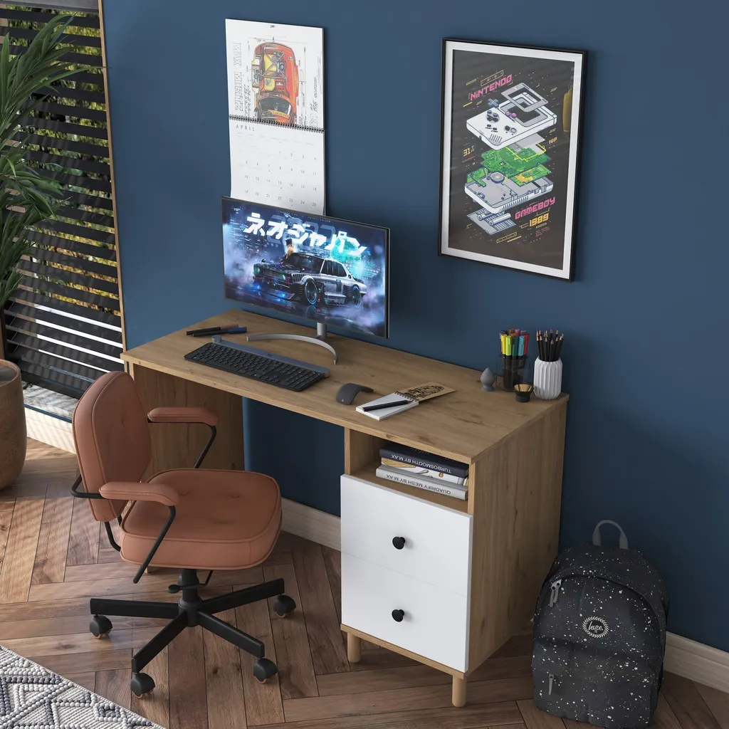 Bureau de Travail en Bois de Noyer 120 cm Design Moderne Skye Decor
