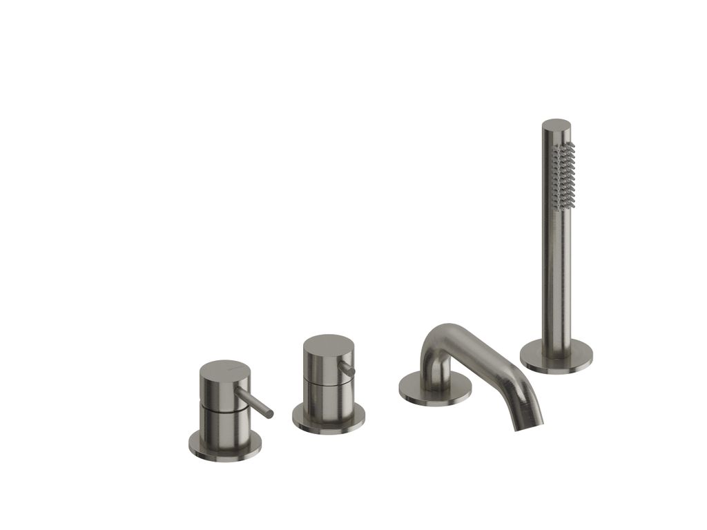 SANYCCES LOOP 4-Loch Wannenrandarmatur mit Umsteller, Wanneneinlauf, Handbrause & Brauseschlauch, Nickel gebürstet