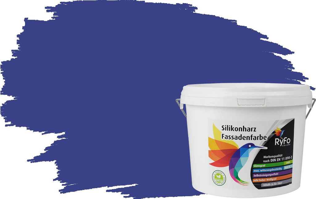 RyFo Colors Silikonharz Fassadenfarbe Lotuseffekt Trend Royalblau 3l - bunte Fassadenfarbe, weitere Blau Farbtöne und Größen erhältlich, Deckkr...