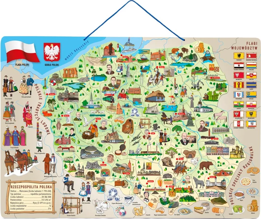 Carte magnétique de la Pologne avec jeu de société 3en1 et illustrations