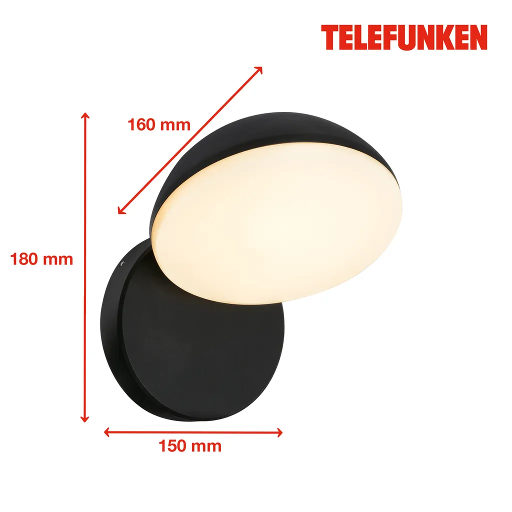Applique Murale LED Extérieure IP44 Noire Telefunken avec Bouton Intégré