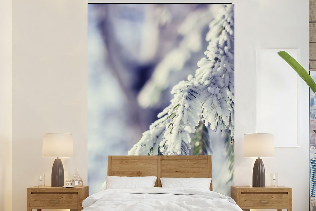MuchoWow Fototapete für Wohnzimmer oder Schlafzimmer Wandtapete Vinyl Motivtapete Winter - Tannenbaum - Schnee - Ländlich - 145x220 cm - Wandde...
