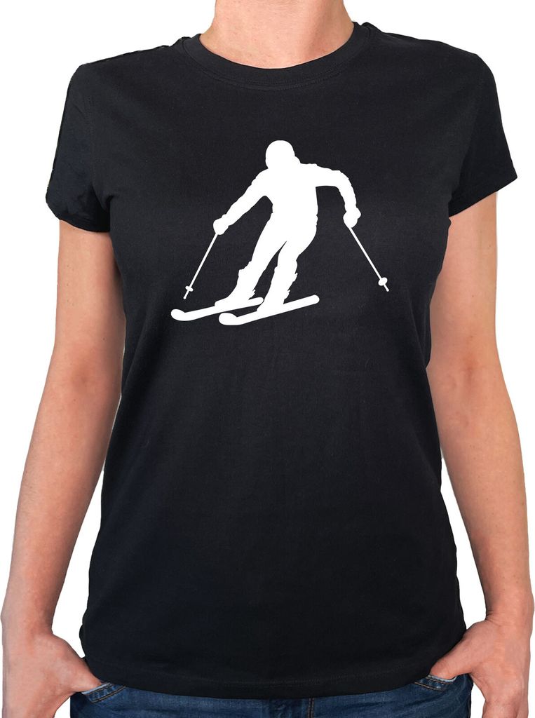 Huuraa Damen T-Shirt Skifahren Silhouette Geschenk Größe XS Black Bio Baumwolle Fairtrade Skifahren Mode