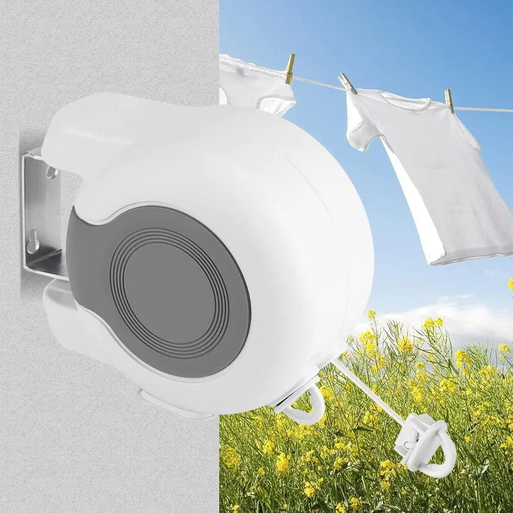 Double corde à linge extensible 30m - Étendoir mural blanc et gris - 2