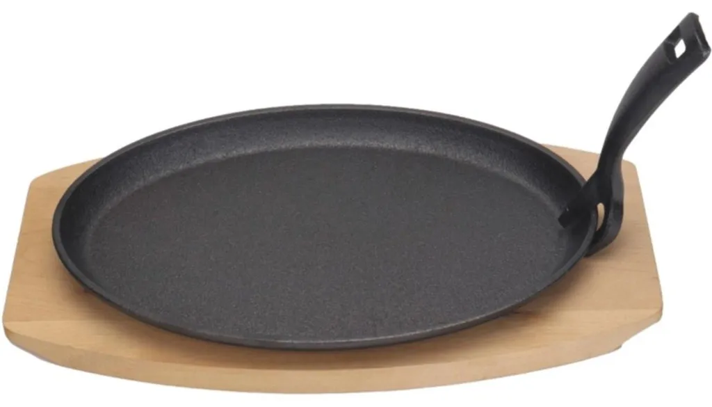 Assiette fonte anti-refroidissement 28cm avec socle bois et pince sûre