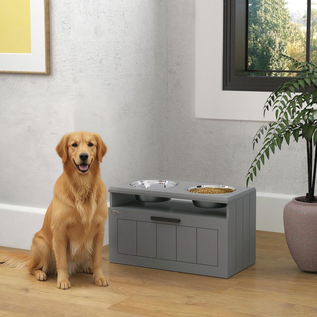 Futterstation für große Hunde, mit 2 Edelstahlnäpfen, Schublade, Futterspender für Haustiere, MDF, Stahl, 60 x 30 x 35 cm, rutschfest