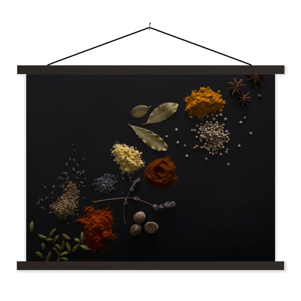 MuchoWow Textilposter Kräuter - Schwarz - Gewürze - Küche - Kochen 60x45 cm mit schwarzem Rahmen - Poster Schlafzimmer