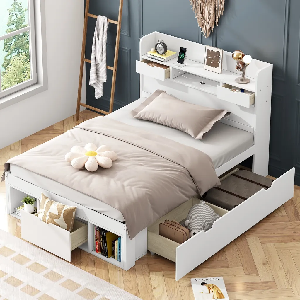 Lit Combiné Enfant 90x200 avec Rangement et Prise USB en Bois Blanc Merax