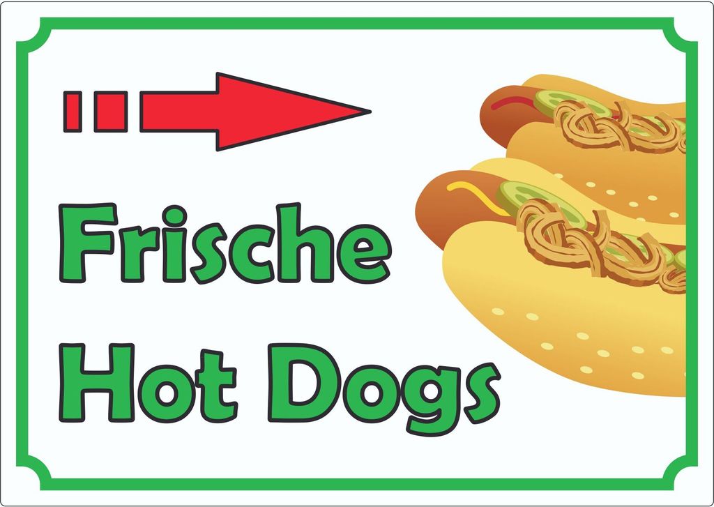 Frische Hot Dogs Aufkleber mit Pfeil rechts A6 (105x148mm)