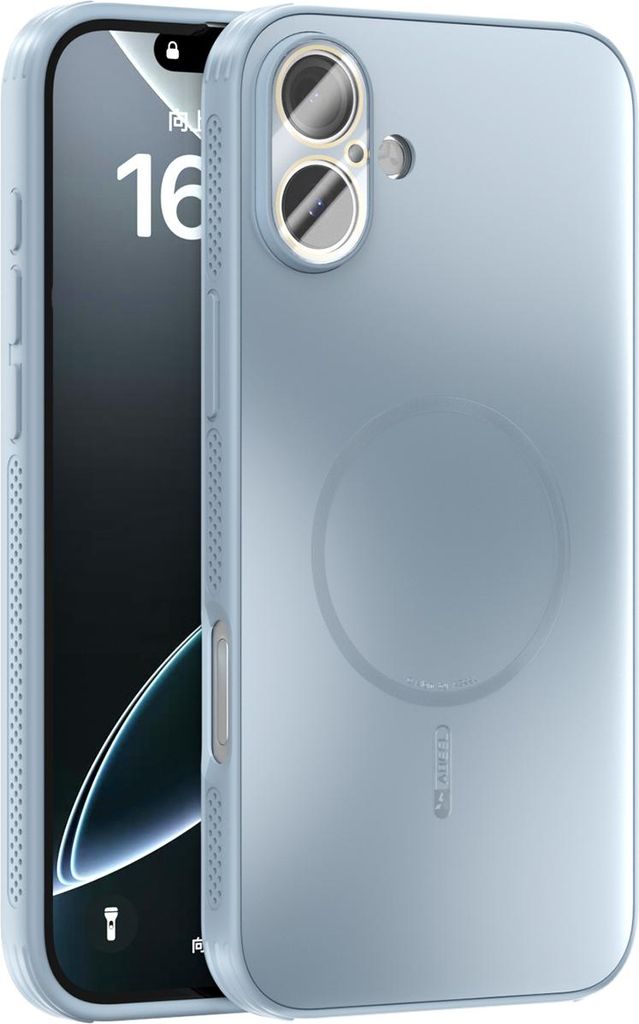 Matte PC TPU Hülle für iPhone 16 Plus Magnetische Handyhülle mit Linsenabdeckung und Wärmeableitung Stoßstange Hellblau