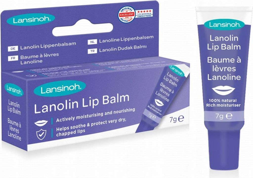A product box and a tube of lip balm are displayed side-by-side against a white background.