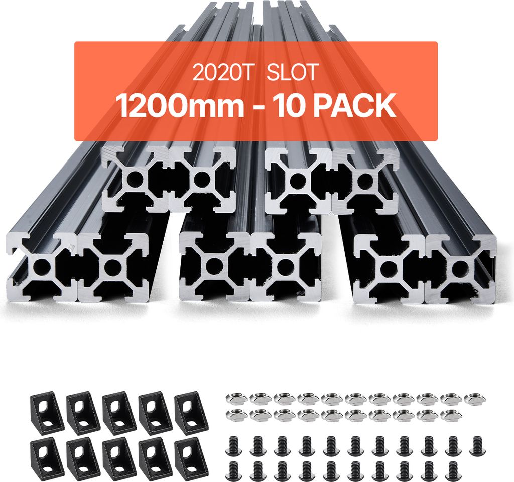 A collection of aluminum extrusions and hardware for DIY projects.