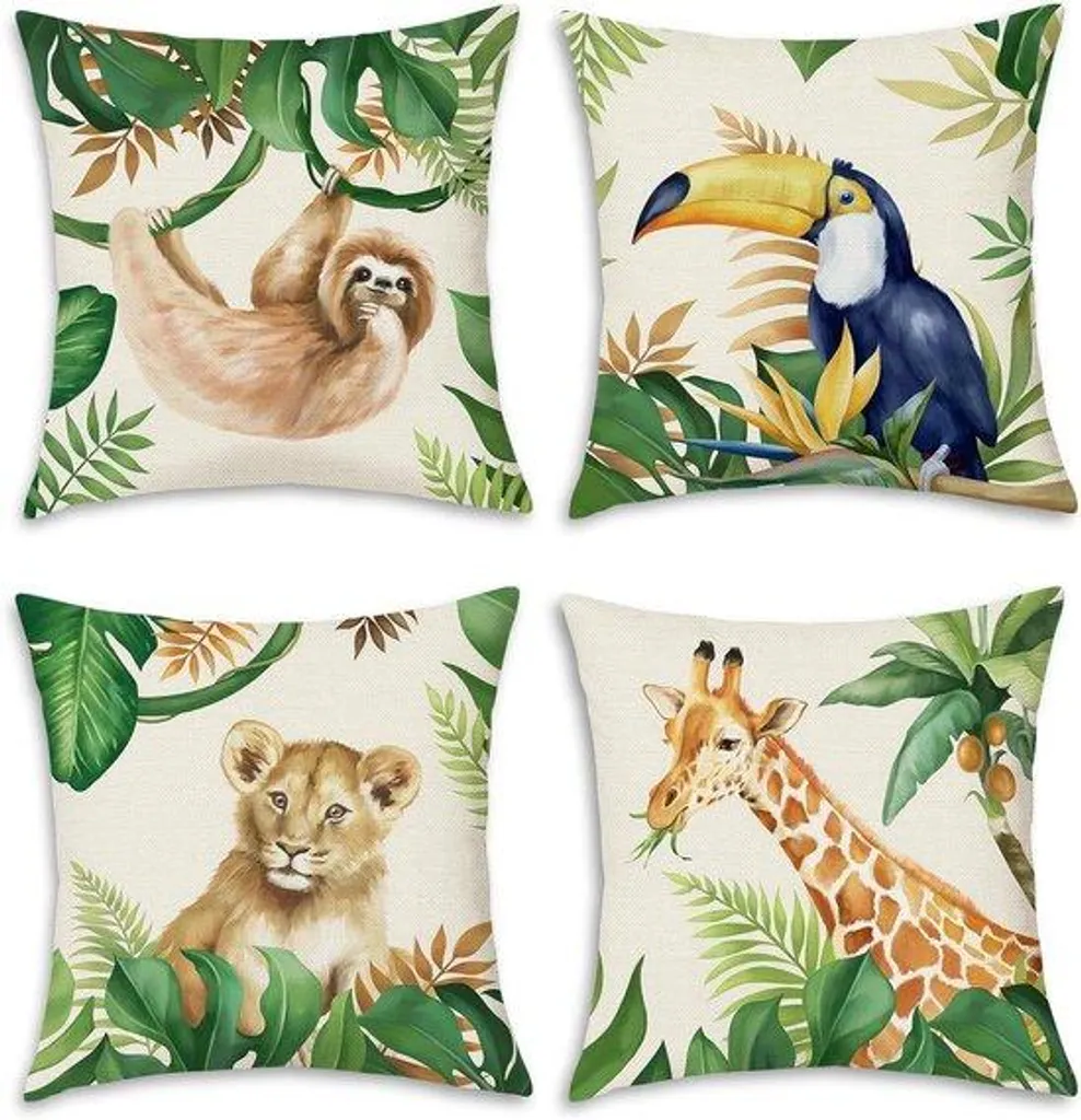 Décoration de Salon Tropicale : 4 Housses de coussin Animaux Sauvages