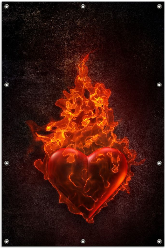 Wallario Outdoor-Poster für Garten oder Balkon, Motiv Brennendes Herz - in roten Flammen, in ca. 100 x 150 cm