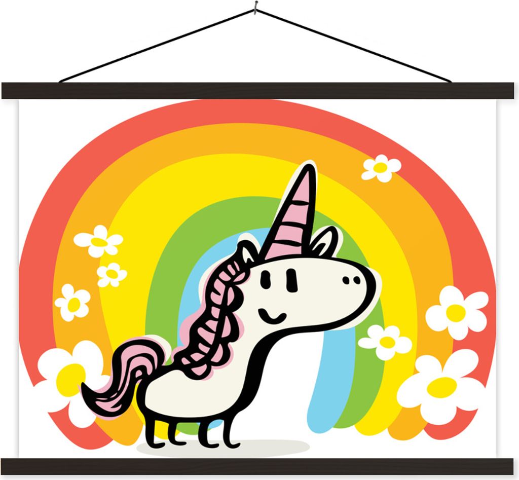 MuchoWow Textilposter Eine Illustration eines Einhorns mit einem Regenbogen - Mädchen - Kinder - Kinder 150x113 cm mit schwarzem Rahmen - Wohnzi...