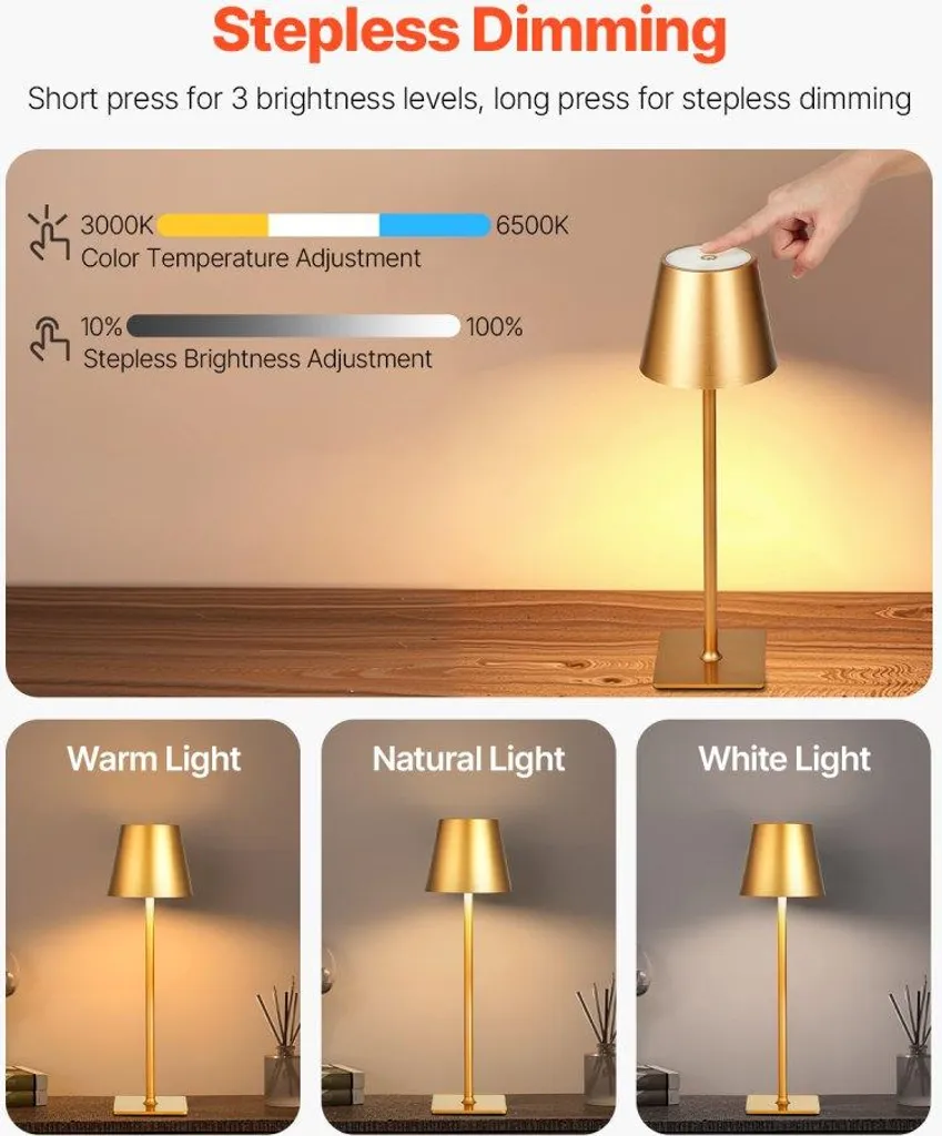 2 Lampe de table rechargeable or : Design sans fil tactile et LED