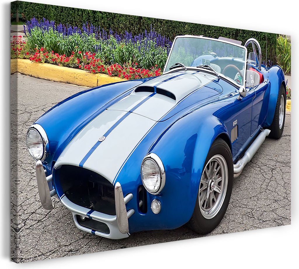 Leinwandbild (80x60cm): Autobilder Oldtimer blau-Metallic Rennsport, echter Holz-Keilrahmen inkl. Aufhänger, handgefertigt in Deutschland