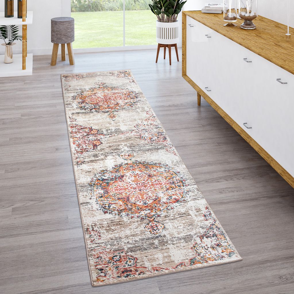 Teppich Wohnzimmer Kurzflor Vintage Modern Orient Optik Abstrakt Beige Grau Orange Grösse 80x150 cm