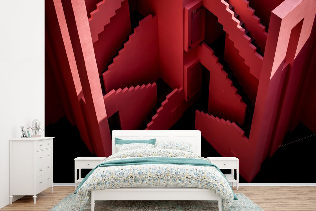 MuchoWow Fototapete für Wohnzimmer oder Schlafzimmer Wandtapete Vinyl Motivtapete Rosa - Architektur - Treppe - 450x300 cm - Gemusterte