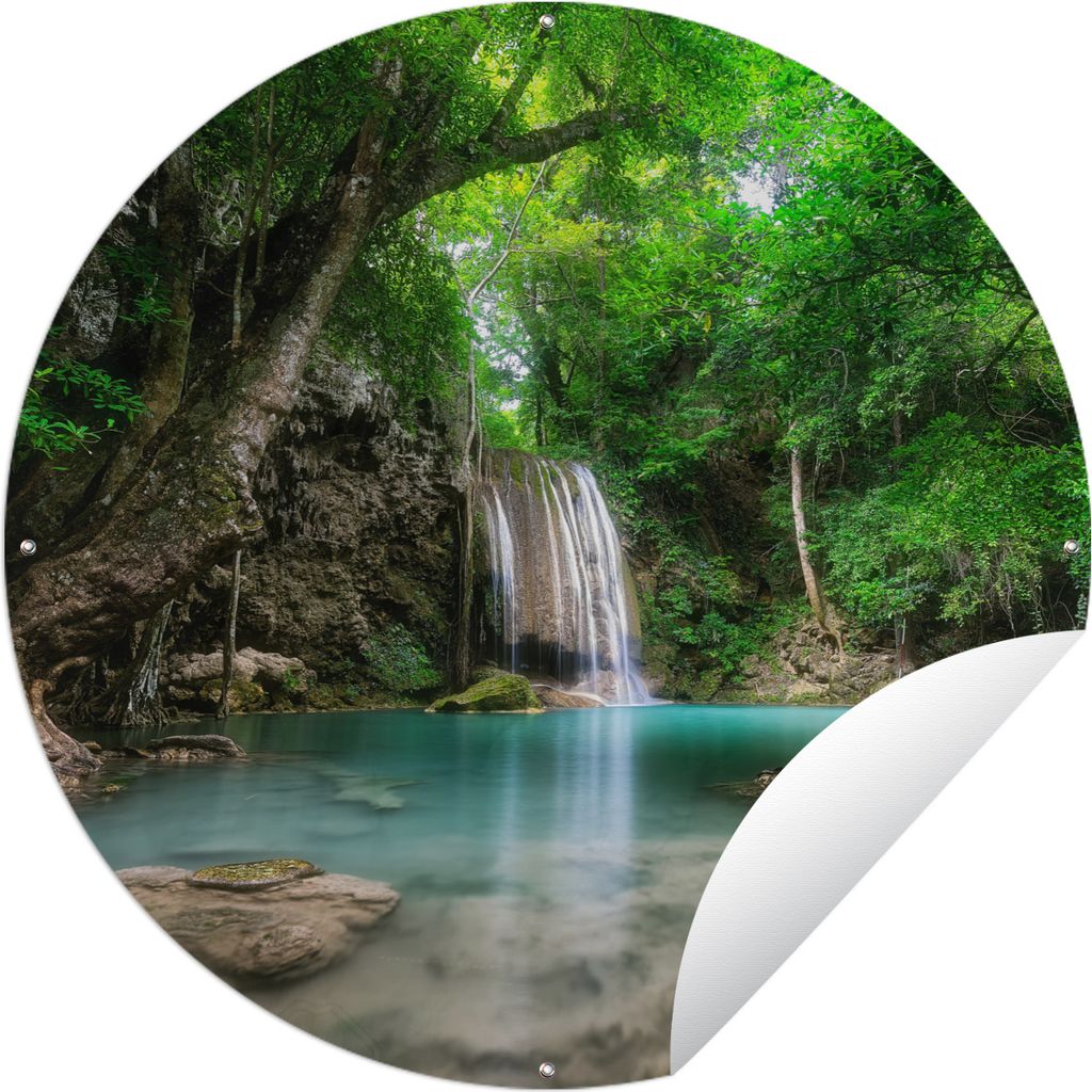 MuchoWow Gartenposter Outdoor-Poster Rund Dschungel - Wasserfall - Pflanzen - Wasser - Natur Ø 150 cm Gartendeko Rundes Poster draußen