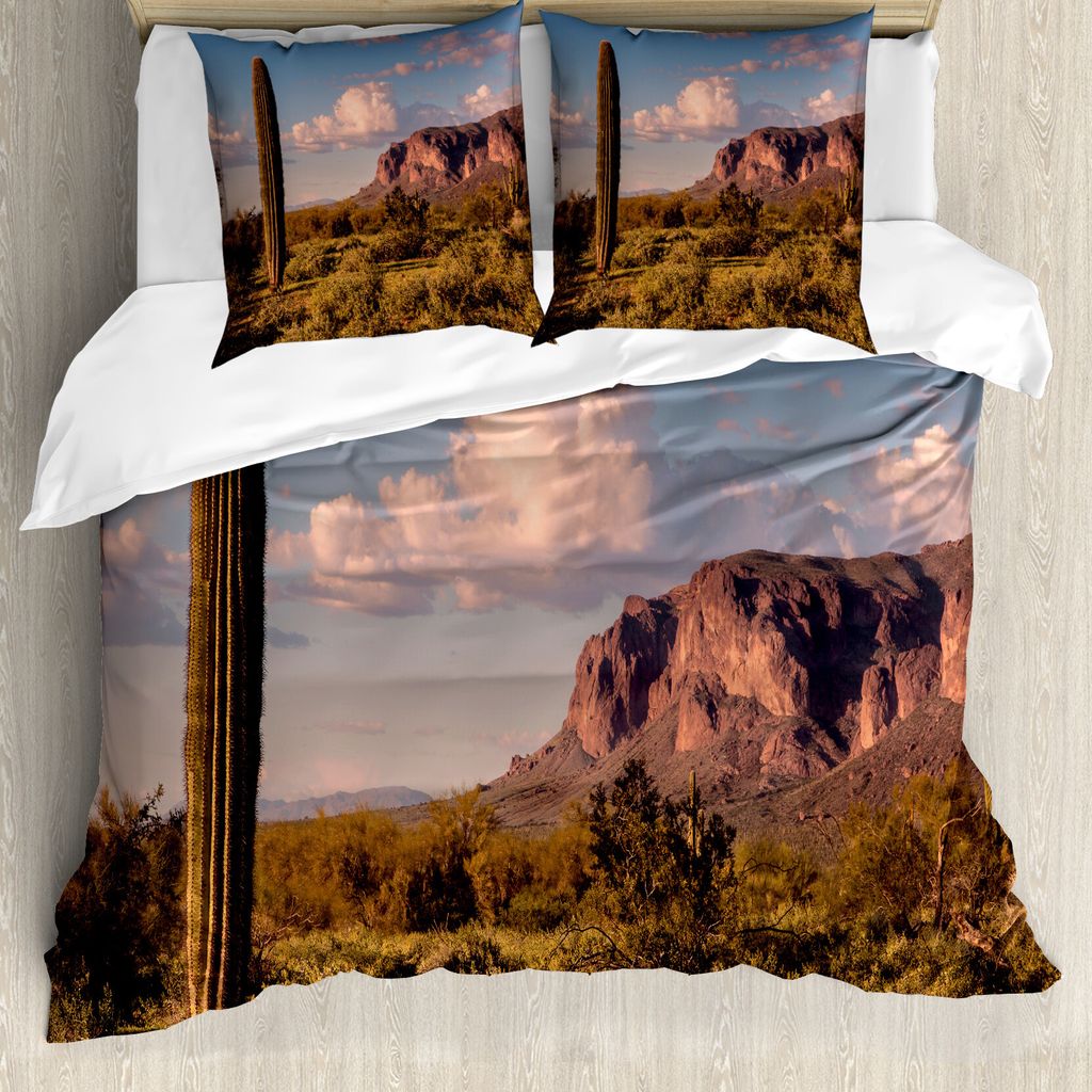 ABAKUHAUS Saguaro Bettbezug, Mountain State Park, Milbensicher Allergiker geeignet mit Kissenbezügen, 155 cm x 220 cm - 80 x 80 cm, Braun, Blau, G...