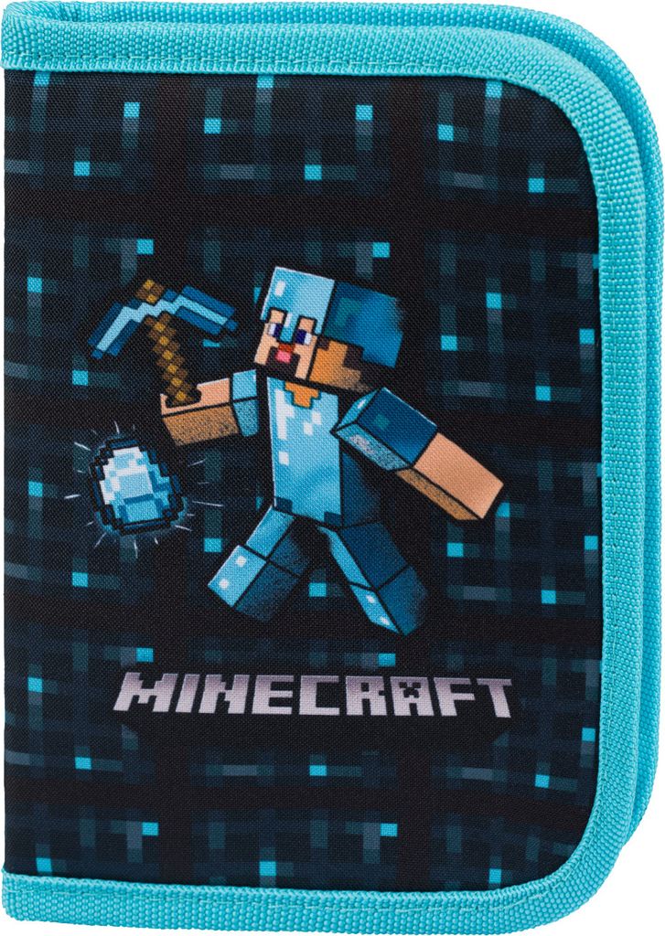 A Minecraft-themed pencil case with a character and logo.