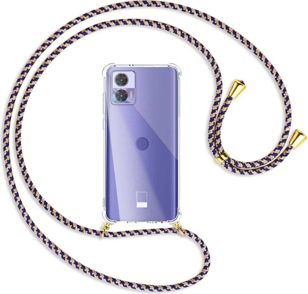 Handykette Backcover-Schutzhülle mit Band (Metall goldfarben) für Motorola Edge 30 Neo (Edge 30 Lite) - blau+beige