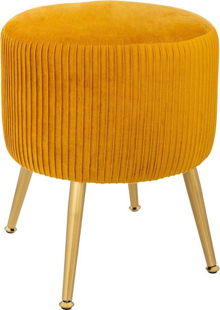 A mustard yellow velvet stool with pleated texture and gold legs, presented against a white background.