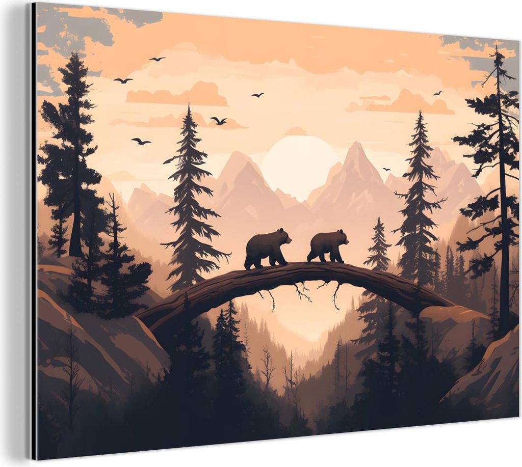 MuchoWow Wanddekoration Metall Metallbild Wandkunst 120x80 cm Bären - Bäume - Landschaft - Sonnenuntergang MuchoWow Aluminium Gemälde - Alu Bild