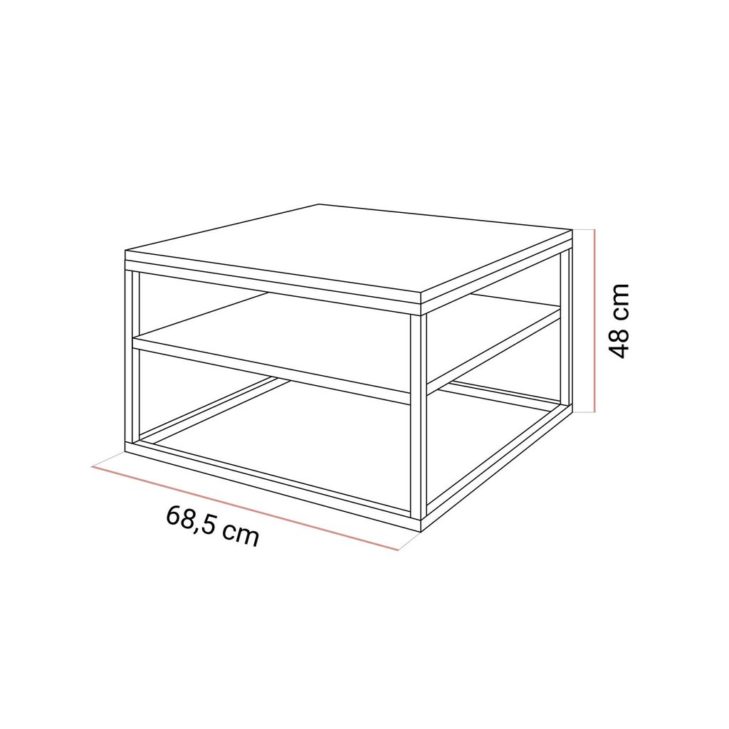 A line drawing of a square coffee table with two shelves, with dimensions indicated.