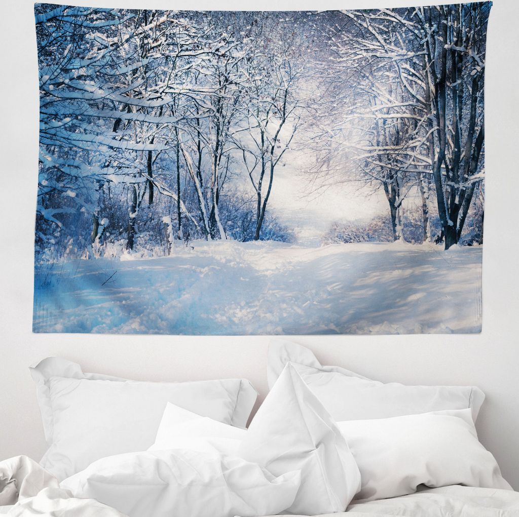 ABAKUHAUS Winter Wandteppich, Alley in verschneitem Wald aus Weiches Mikrofaser Stoff Waschbar ohne Verblassen Digitaldruck, 150 x 110 cm, Blau Sch...