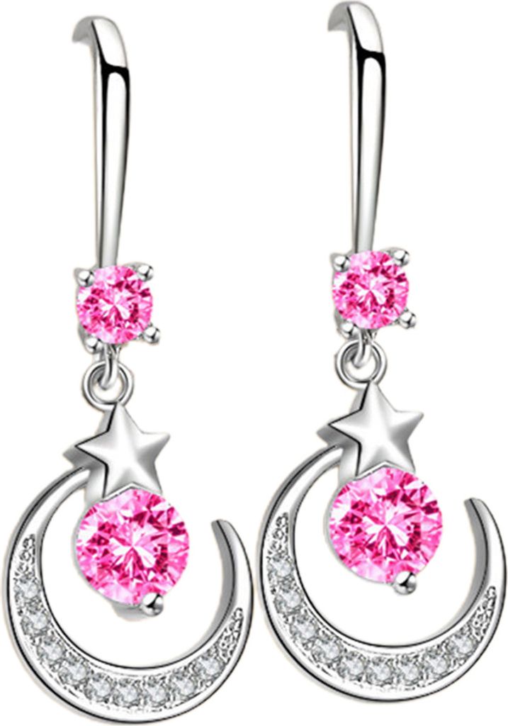 1 Paar Damen-Ohrringe, Mond, Stern, Strasssteine, Schmuck, elegante Geometrie, Hakenohrringe für den täglichen Gebrauch-Rosa