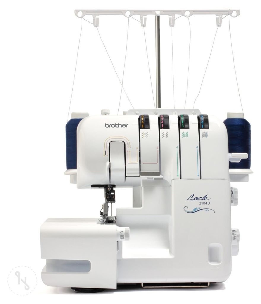 A white Brother Overlockmaschine 2104D sewing machine with blue thread spools on a white background.