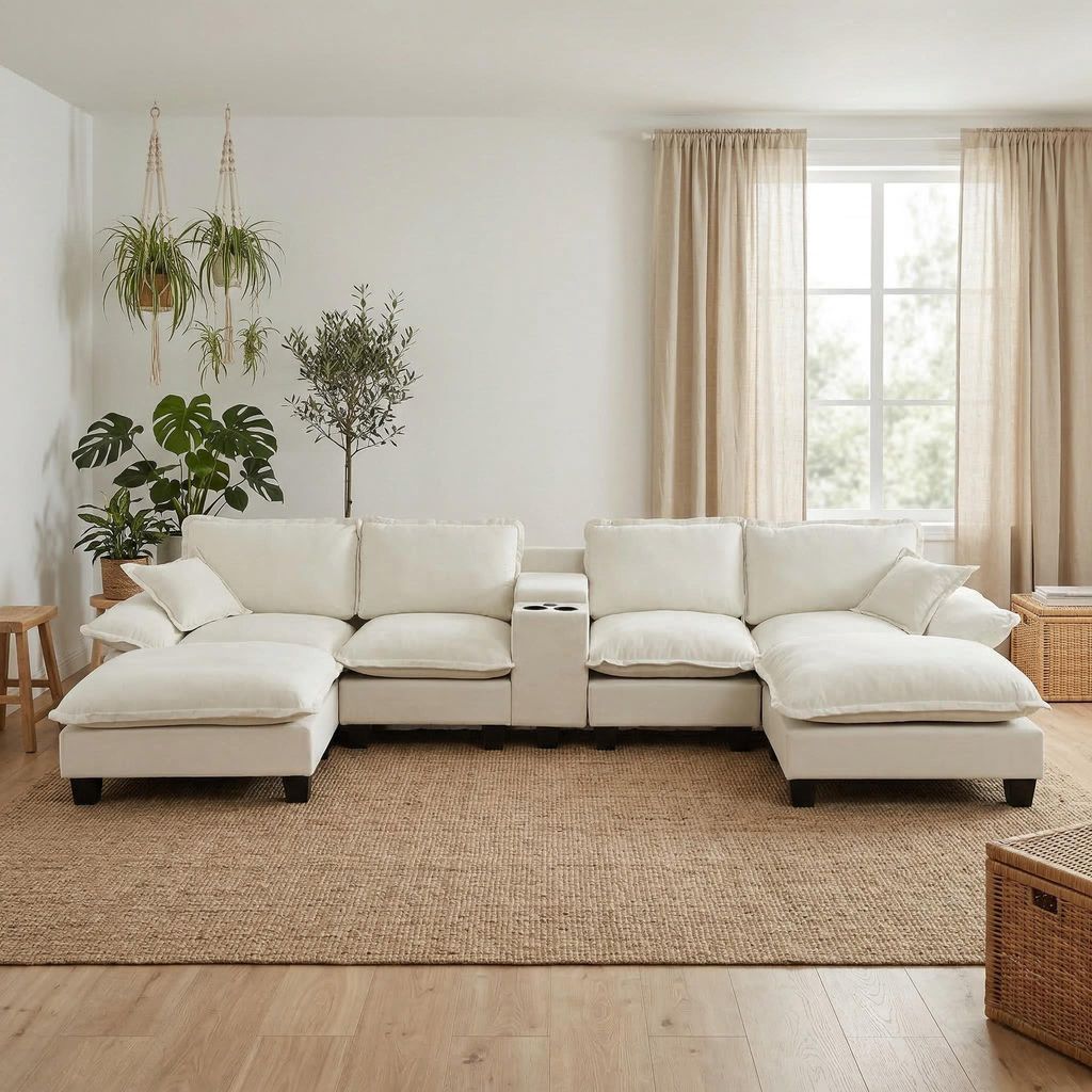 U-förmiges modulares Cloudsofa, Segelboot-Design, Becherhalter, Stauraum, USB, zwei Ottomane + 2 Kissen, Chenille-Bezug, Beige