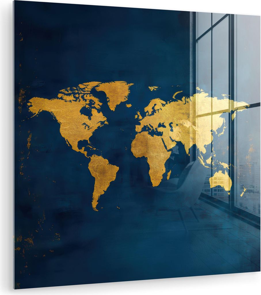 MuchoWow Glasbilder - Bilder auf Wandbild - Foto auf Glas Weltkarte - Gold - Dunkelblau 50x50 cm Wanddekoration aus Glas - Acrylglasbild - Acrylbil...