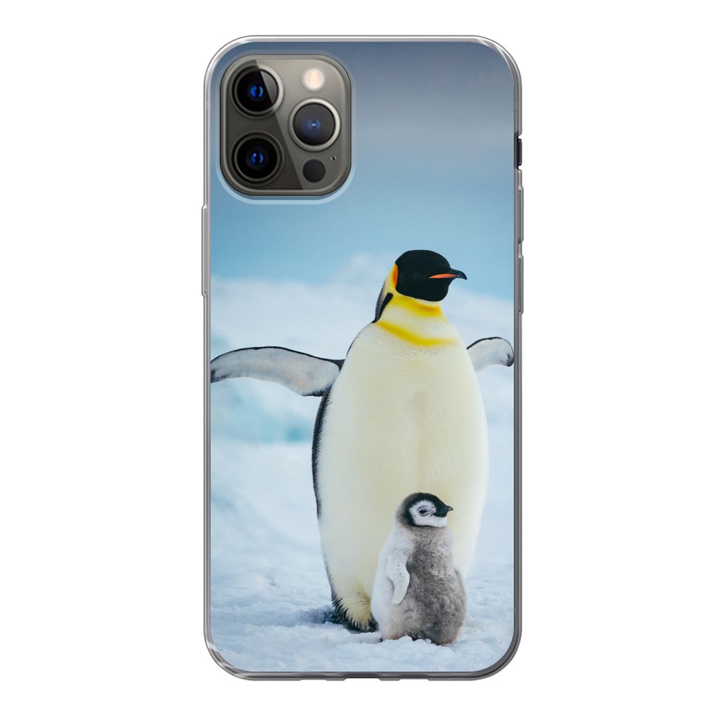 MuchoWow Handyhülle Schutzhülle Hülle für iPhone 12 Pro Kaiserpinguin mit Jungen Silikon Softcase Handy Hülle - Abdeckung