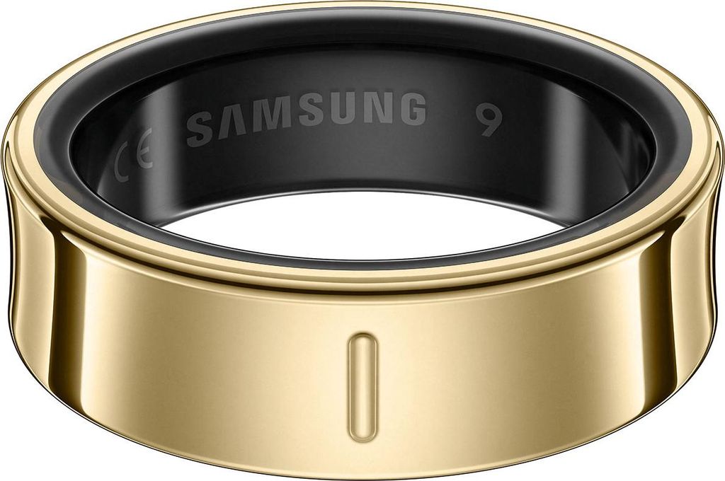 A close-up studio shot of a gold Samsung Galaxy Ring.