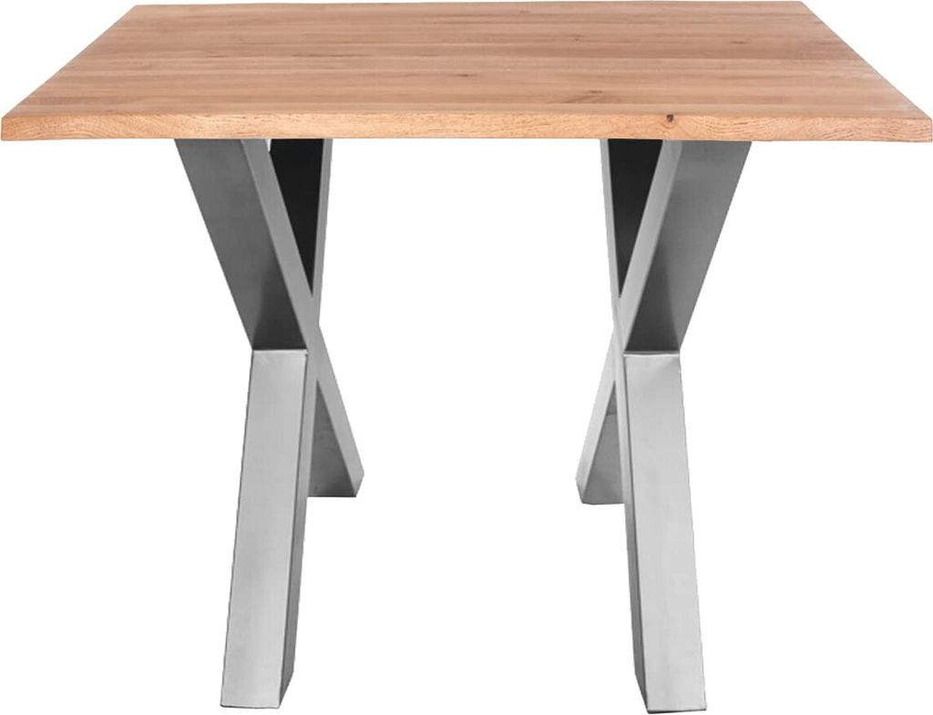 Esstisch 80 x 80 cm Enrico, Eiche Rustik, massiv + geölt, Baumkantentisch mit silbernem X-Gestell aus Metall, pflegeleichter Esszimmertisch, Tisch...