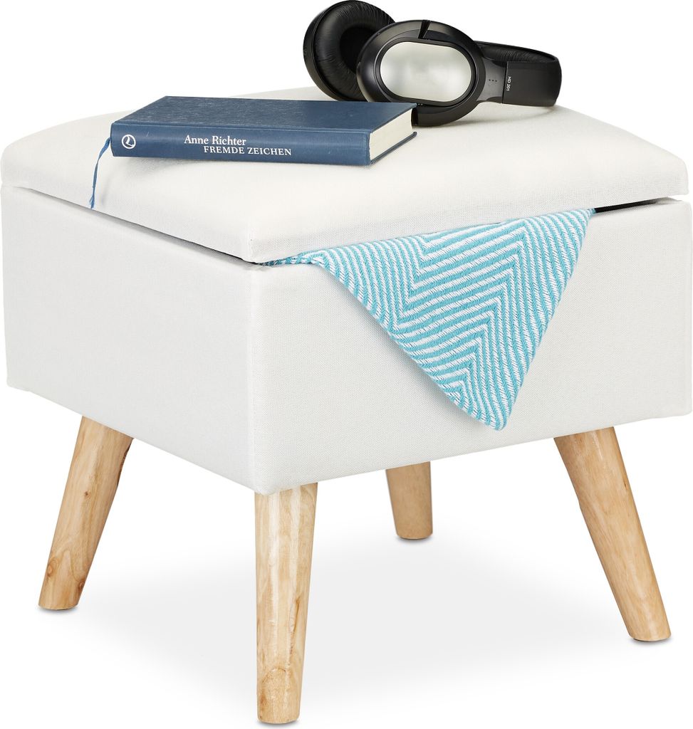Relaxdays Weißer Hocker mit Ablage Beine bezogene Synthetisches Leinen Modern