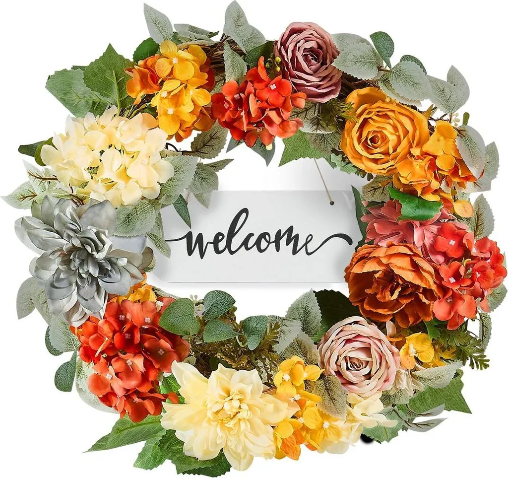 Couronne décorative fleurs artificielles tons chauds pour porte d'entrée