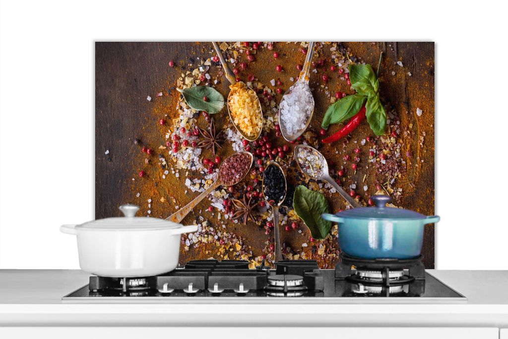 KitchenYeah Spritzschutz Küche - Küchenrückwand - Wandschutz für Herd und Spüle - Gewürze - Kräuter - Löffel - Salz - Braun - Küche 80x...