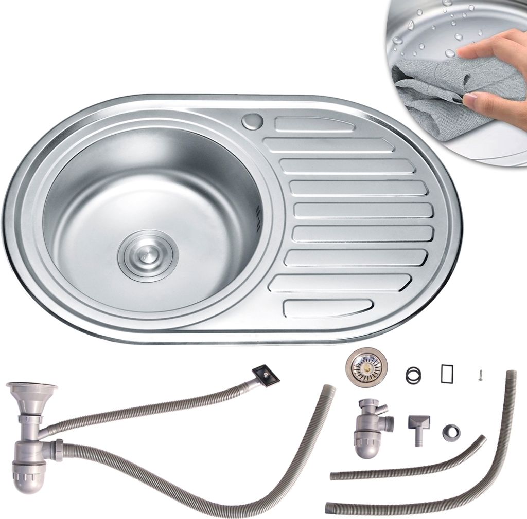 Einbauspüle 77x50cm rund aus Edelstahl Ablage - links Küchenspüle Rundbecken