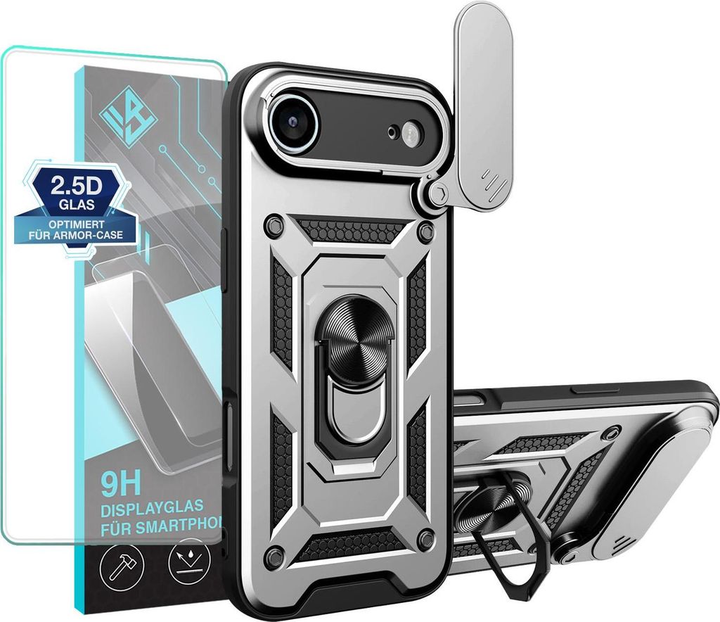 Armor Handyhülle für Apple iPhone 17 Air mit 9H Displayglas Displayschutz Kameraschutz Handy Panzer Case Cover Schutzhülle Outdoor Farbe: Silber