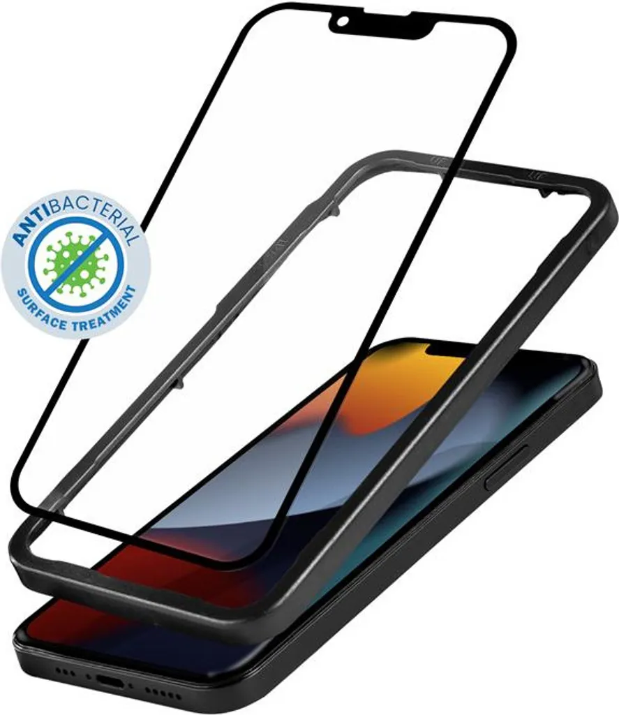 Crong Vetro blindato 3D antibatterico - vetro temperato a superficie piena 9H per iPhone 14 Plus / iPhone 13 Pro Max + telaio di montaggio