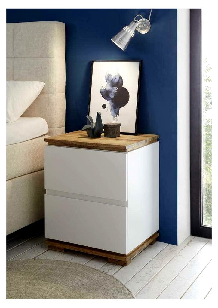 Nachtkonsole in Weiß Matt mit Massivholzelementen, Nachtkommode mit Schubladen für Polsterbett, BxHxT 48x59x40 cm