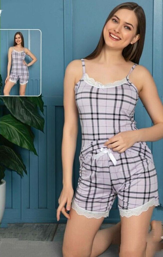 Damen Pyjama Shorty Lila XXL Kurz Schlafanzug %100 Viskose 2 Teiler M-84